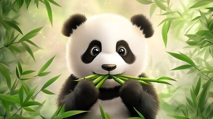 Cute Panda Eating Bamboo.