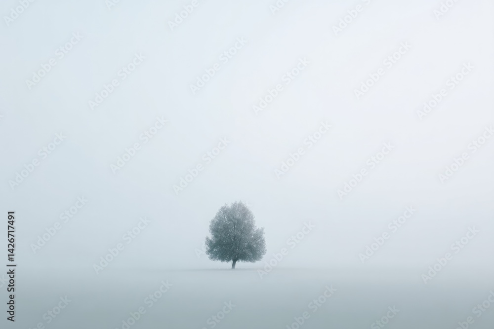 Poster solitary tree shrouded in early morning mist its branches barely visible with ample surrounding copy