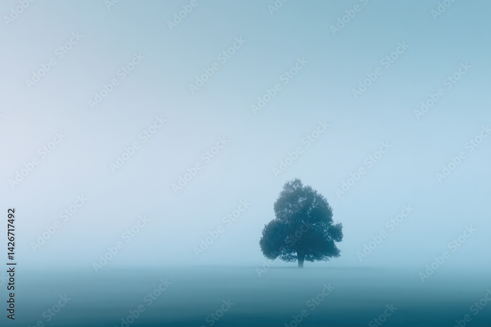 Poster solitary tree shrouded in early morning mist its branches barely visible with ample surrounding copy