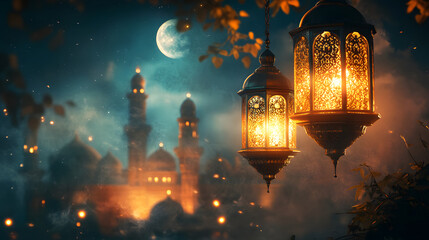 Ramadan Kareem Night Sky Background Template Crescent Moon Stars Ornaments Ideal for Eid Social Media Advertising Campaigns