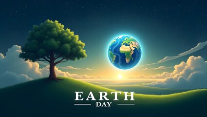 Earth day illustration with a tree, green hills, clouds, and a glowing earth in the sky above