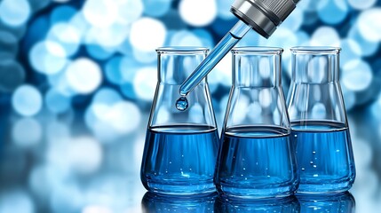 A dropper dispenses a blue liquid into a flask, with two additional flasks filled with the same blue liquid