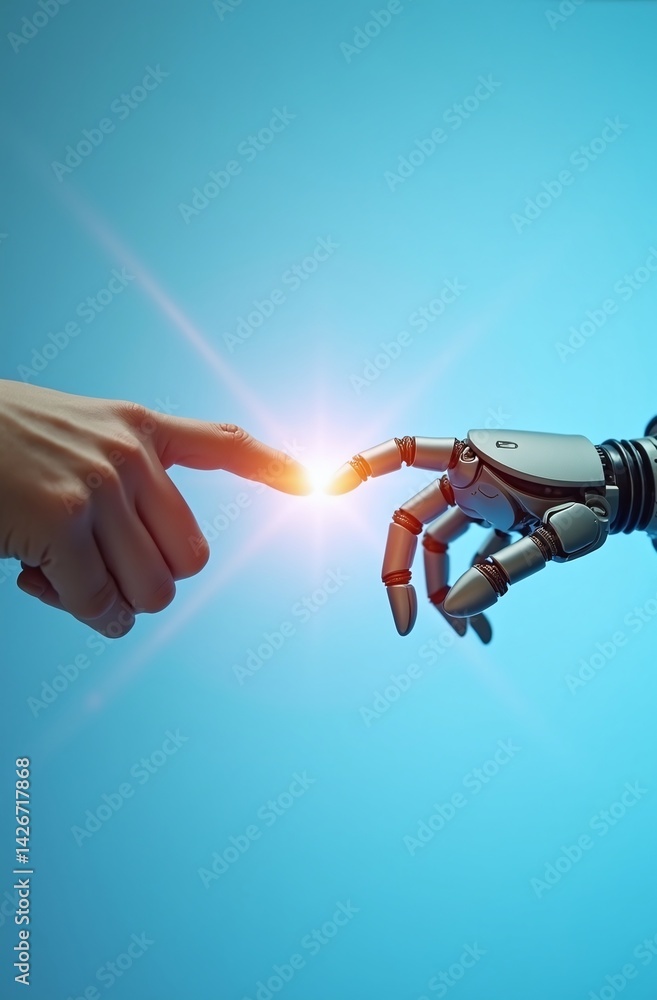 Poster the creation of technology: human hand and robot hand connecting
