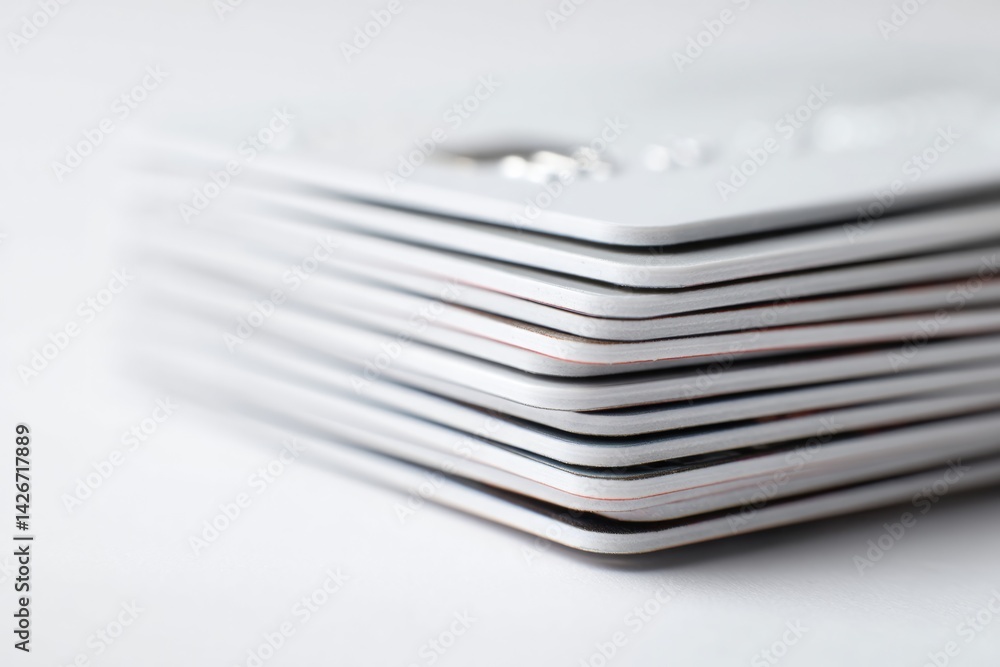 Poster stack of credit cards neatly arranged with pristine white background for emphasis