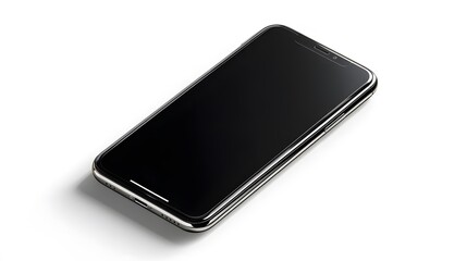 A sleek smartphone with a black screen resting on a white surface in a well lit environment