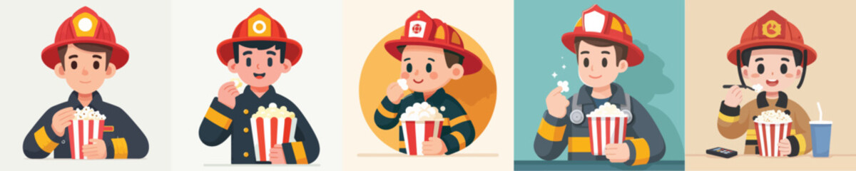 vector set of firefighters eating popcorn