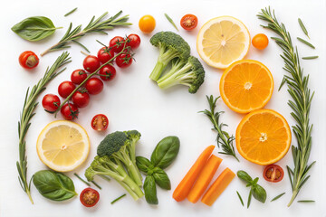 Vibrant and fresh arrangement of fruits and vegetables including broccoli, tomatoes, oranges, and carrots