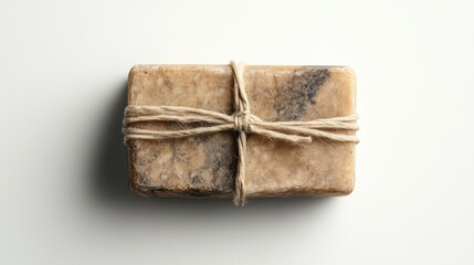 A bar of handmade soap wrapped in paper isolated on a pure white background, realistic lighting and shadow, ideal for cut-out and compositing