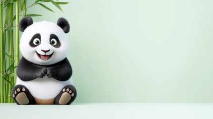 Fototapeta premium Adorable Cartoon Panda, Bamboo, Green Background