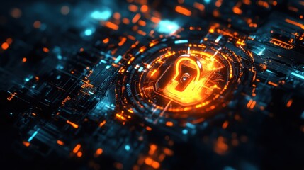 Cybersecurity: Glowing Padlock in Futuristic Circuitry