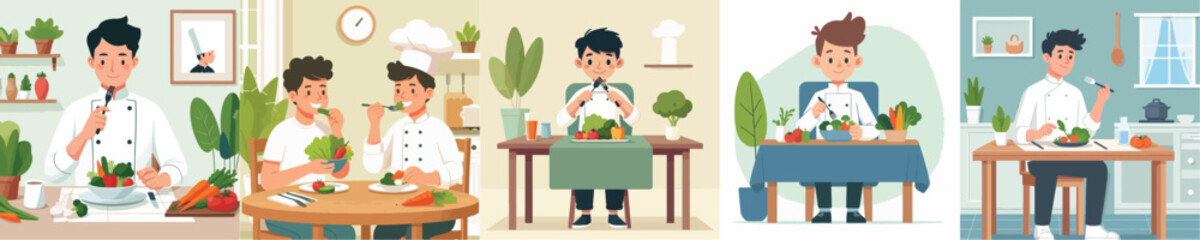 a set of vector chefs eating vegetables