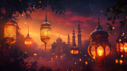 Ramadan Kareem Night Sky Background Template Crescent Moon Stars Ornaments Ideal for Eid Social Media Advertising Campaigns