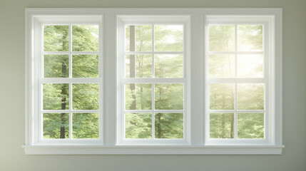 Aesthetic window framed view: A bright and airy window offers a captivating view of a lush green forest, with sunlight streaming through the glass. It embodies a sense of openess.
