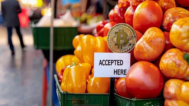 Bitcoin Accepted Here Concept, Colorful peppers and fresh vegetables at market, showcasing Bitcoin payment options.