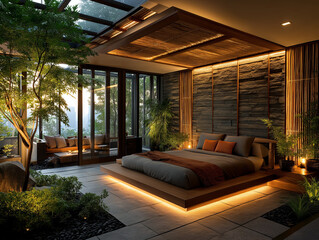 Fototapeta premium Serene Bedroom Sanctuary: A luxurious bedroom design with natural light, showcasing a fusion of tranquility. This photo presents a harmonious combination of modern aesthetics and natural elements.