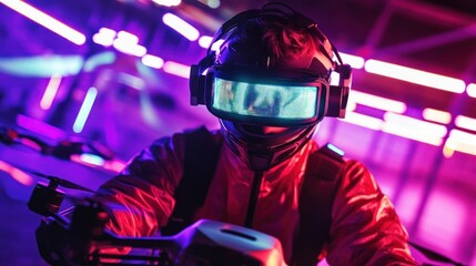 Neon-lit Cyberpunk Rider: Futuristic Helmet and Drone Control
