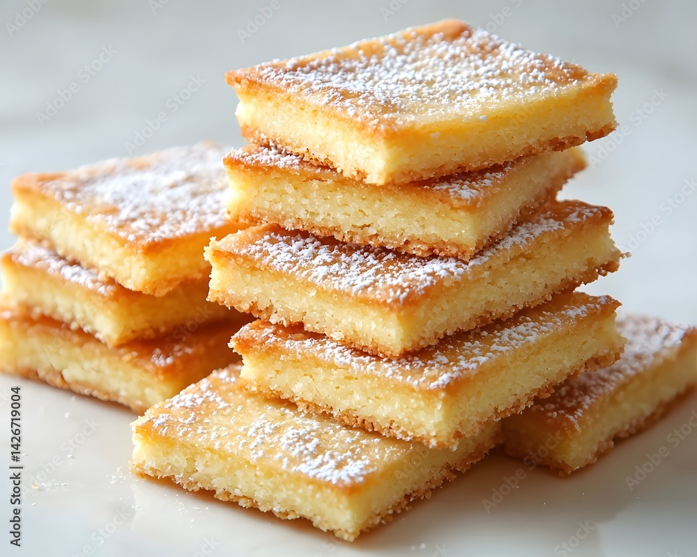 Poster neat stack of buttery shortbread cookies dusted with powdered sugar