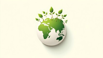 Stylized Earth Day icon of green leaves growing from the continents on a white globe




