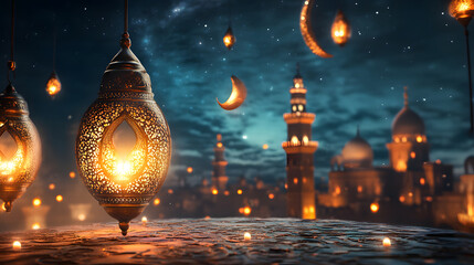 Ramadan Kareem Night Sky Background Template Crescent Moon Stars Ornaments Ideal for Eid Social Media Advertising Campaigns