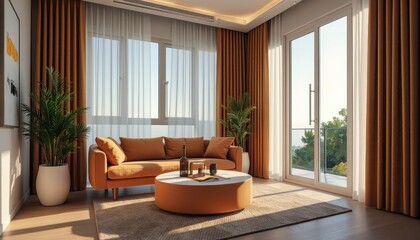 Fototapeta premium Showcase bright living room with warm color palette and large windows, featuring quality furniture in condo apartment building