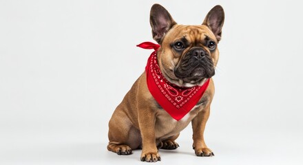 Obraz premium A charming french bulldog with a red bandana poses against a clean white background.