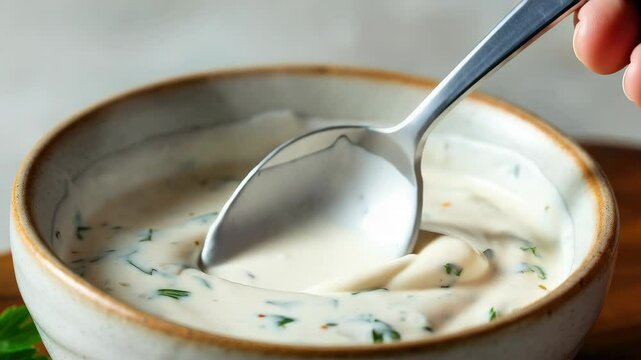 Creamy garlic sauce in bowl with herbs