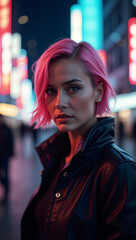 A woman with pink hair standing on a busy street at night, illuminated by neon signs. She wears a leather jacket and has a captivating gaze.