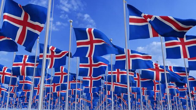 Iceland flags blowing in the wind on an sunny day. High resolution digital render of Iceland flas.
Nordic Europe Scandinavian country flags waving in the wind.