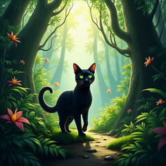 Mystical Black Cat with Green Eyes in Enchanted Forest Pathway