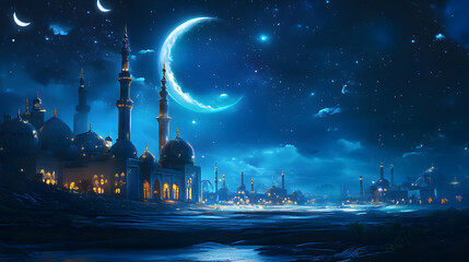 Ramadan Kareem Night Sky Background Template Crescent Moon Stars Ornaments Ideal for Eid Social Media Advertising Campaigns