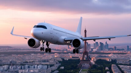 Obraz premium Jet Airplane Landing with Eiffel Tower View at Dusk