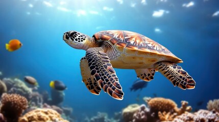 Fototapeta premium Majestic Sea Turtle Underwater Coral Reef