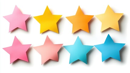 A set of sticky notes shaped like stars isolated on a pure white background, realistic lighting and shadow, ideal for cut-out and compositing