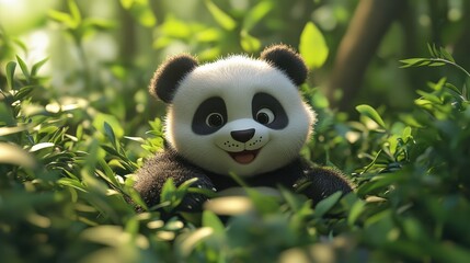 A charming 3D illustration of a cute cartoon panda nestled in lush green foliage.
