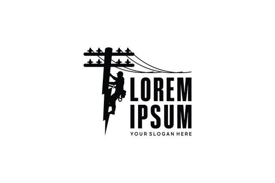 Vector silhouette of electrician and lightning shaped electric pole. Power line repair logo