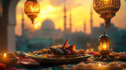 Ramadan Kareem Night Sky Background Template Crescent Moon Stars Ornaments Ideal for Eid Social Media Advertising Campaigns