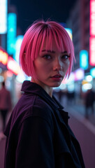 A woman with bright pink hair poses in front of a city at night, looking directly at the viewer. The image has a neon aesthetic with blurred city lights in the background.