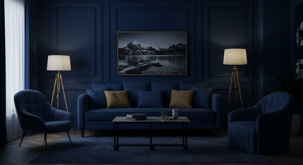 Living Room Interior with Couch, Armchairs, and Artwork