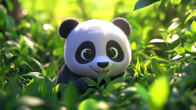 A charming 3D illustration of a cute cartoon panda nestled in lush green foliage.