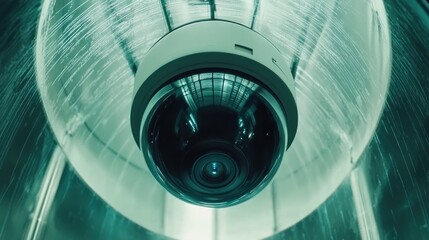 Surveillance camera suspended within a futuristic enclosure.
