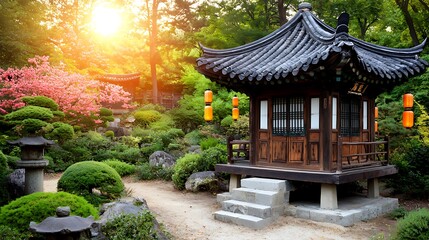 Fototapeta premium A traditional Korean pavilion with curved roof stands in a serene garden with lush greenery, stone pathways, and lanterns hanging from the eaves, bathed in the warm glow of the setting sun