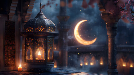 Ramadan Kareem Night Sky Background Template Crescent Moon Stars Ornaments Ideal for Eid Social Media Advertising Campaigns