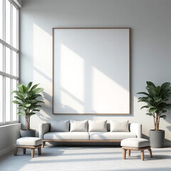 Minimalist living room design with large blank canvas soft light and plants in grey pots