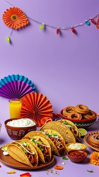 Vibrant mexican fiesta display with tacos, traditional sweets, and colorful decorations