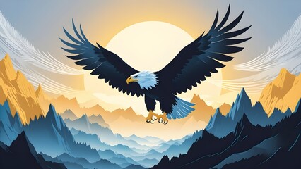 Obraz premium Eagle Flying Over Mountain Landscape Vector Illustration