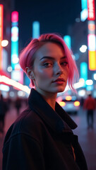 Fototapeta premium A stylish woman with pink hair stands confidently on a neon-lit street at night. The scene is bathed in vibrant colors and soft lights.