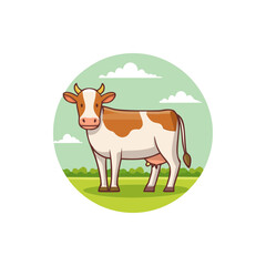 Cartoon cow vector illustration with landscape background, standing on green grass under blue sky, perfect for farm, dairy, and agriculture themes.