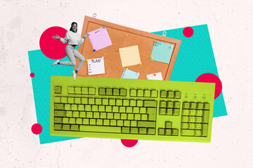 Composite image montage trend artwork collage of keypad technology tool board plan todo young lady...