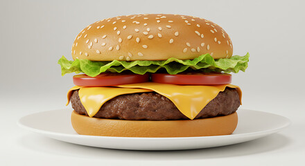 A classic cheeseburger with lettuce, tomato and melted cheese on a sesame seed bun, served on a white plate, isolated on a white background