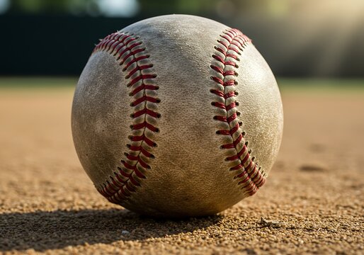 A baseball resting on the baseball field ground, ready to be hit. A close-up shot of a baseball showcases its leather texture and red stitching